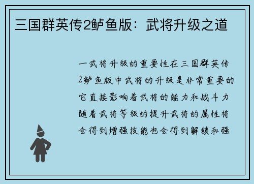 三国群英传2鲈鱼版：武将升级之道
