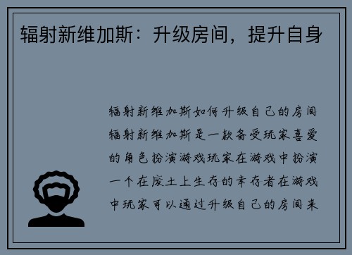 辐射新维加斯：升级房间，提升自身